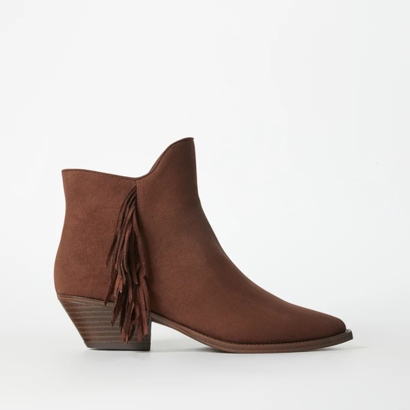 🆕 Pointed Toe Western Tassel Booties in Chocolate Lab Brown Faux Suede - Picture 3 of 10